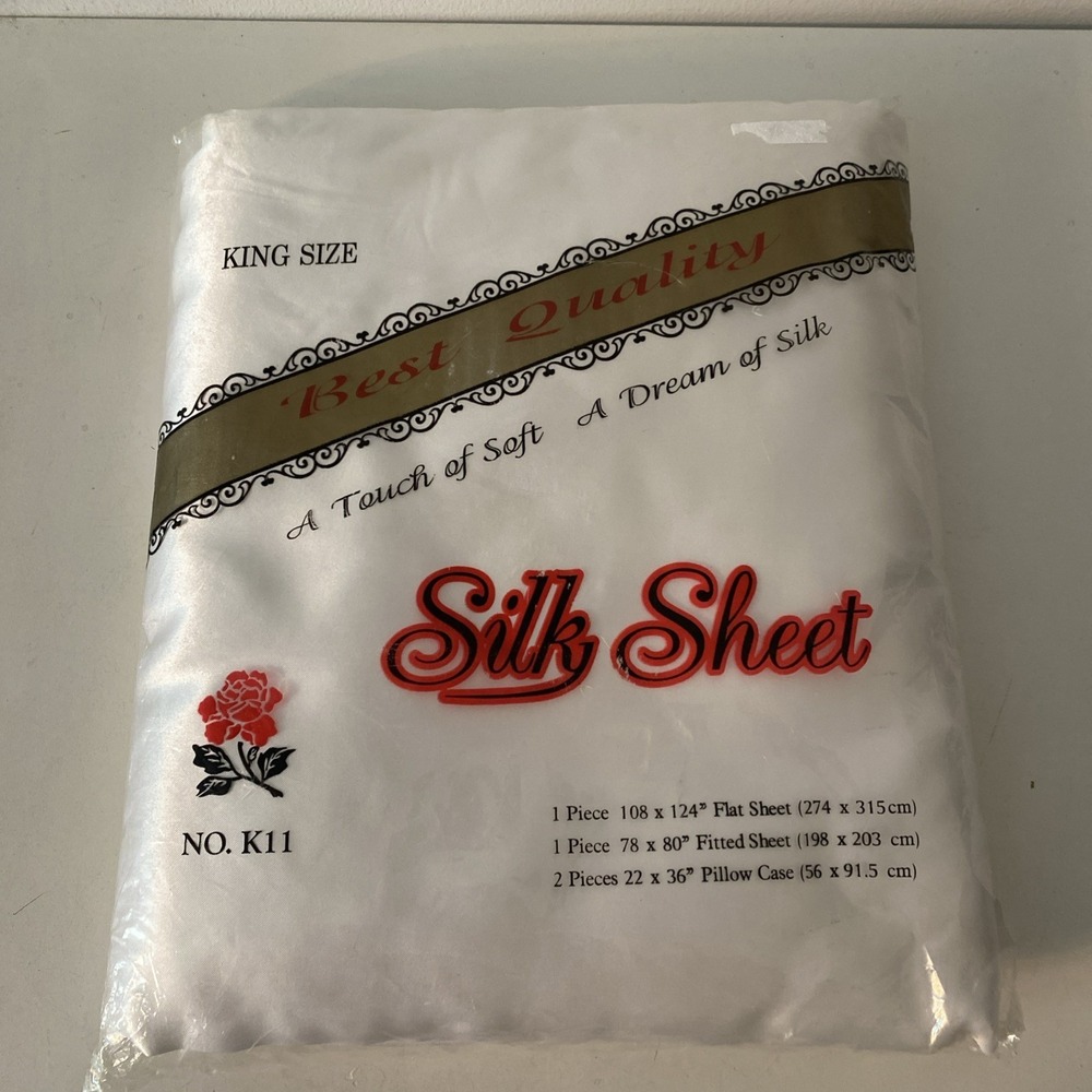 Vintage Ivory White King Size Satin Silk Sheet Set Flat Fitted and 2 Pillowcases